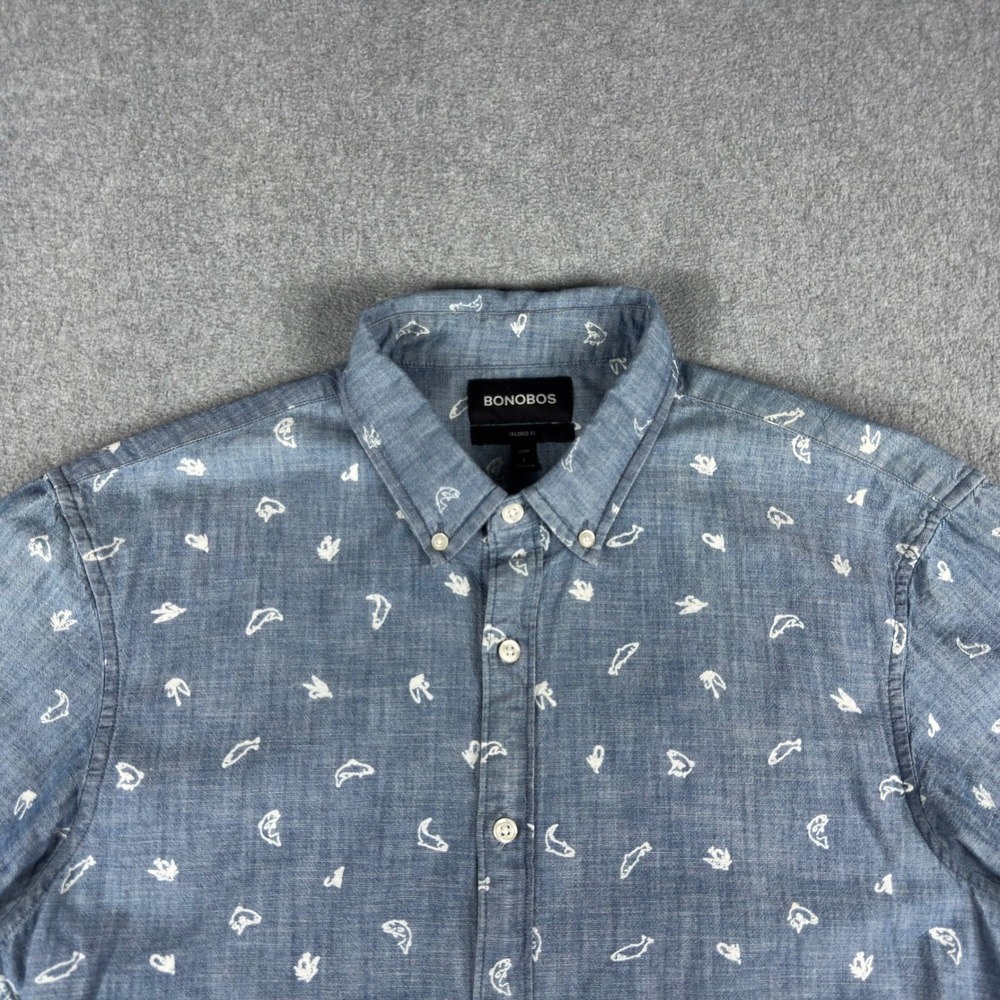 Bonobos Shirt Mens L Blue Short Sleeve Tailored Fit Button Down Fish Cotton